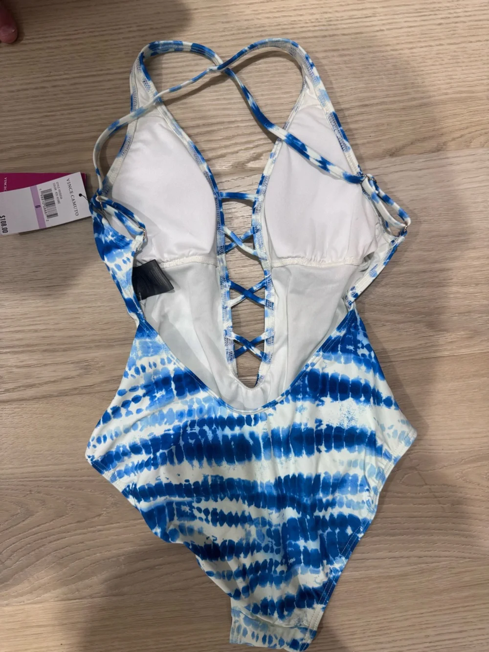 Vince Camuto Blue and White Tie-Dye Lace-Up One-Piece Swimsuit